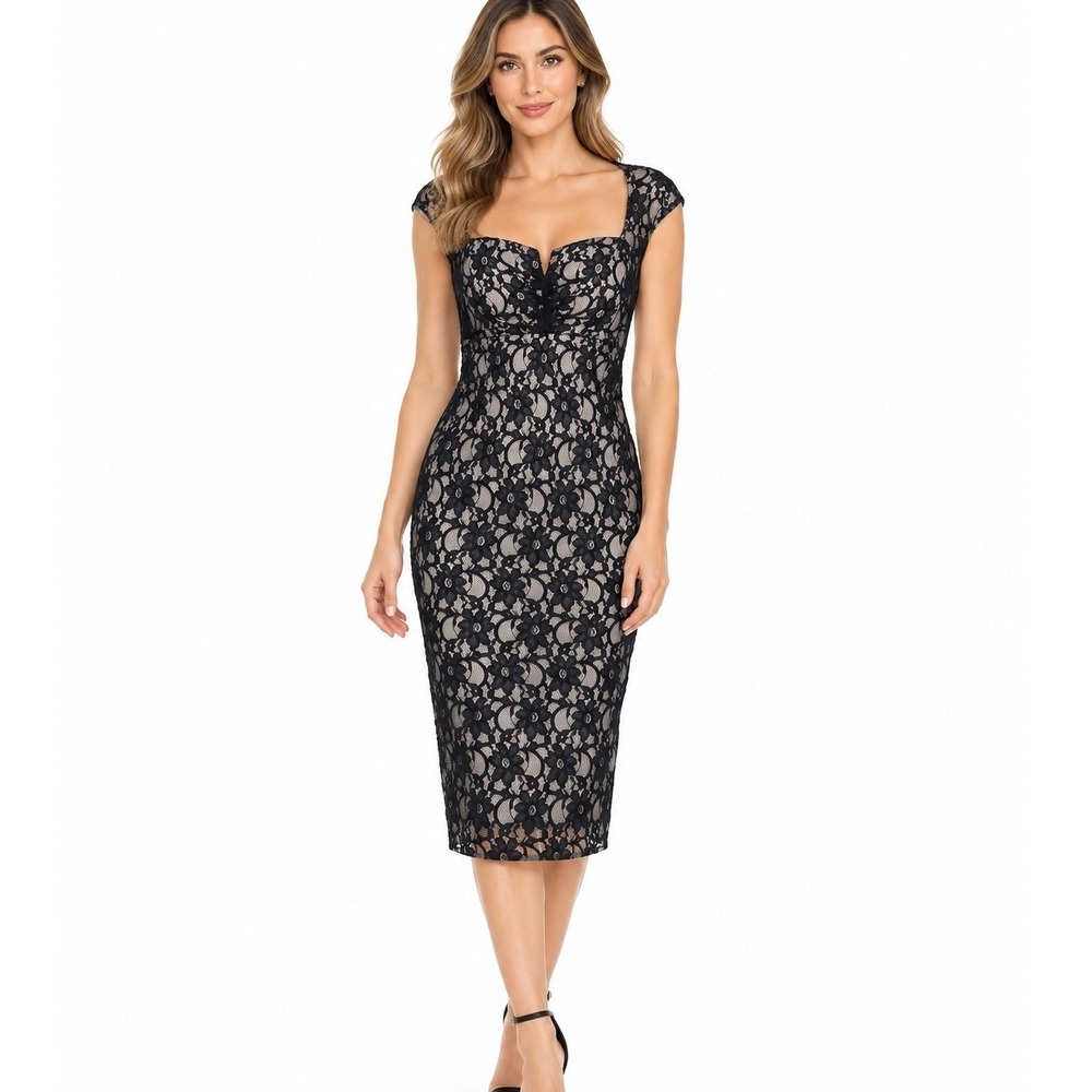 Joseph Ribkoff Black Floral Lace Sheath Dress Midi Keyhole Back | Size 10